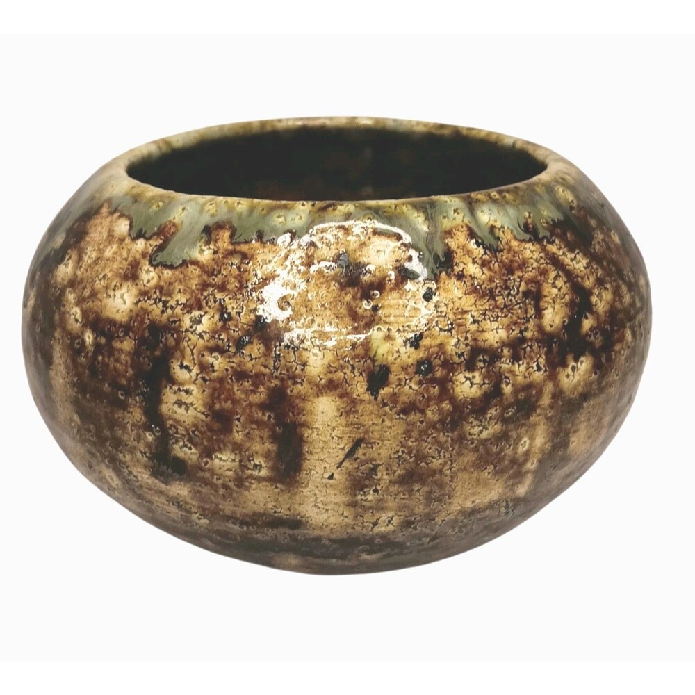 Studio Art Pottery Ceramic Round Planter Mottled Brown Tan & Green 5" X 3"